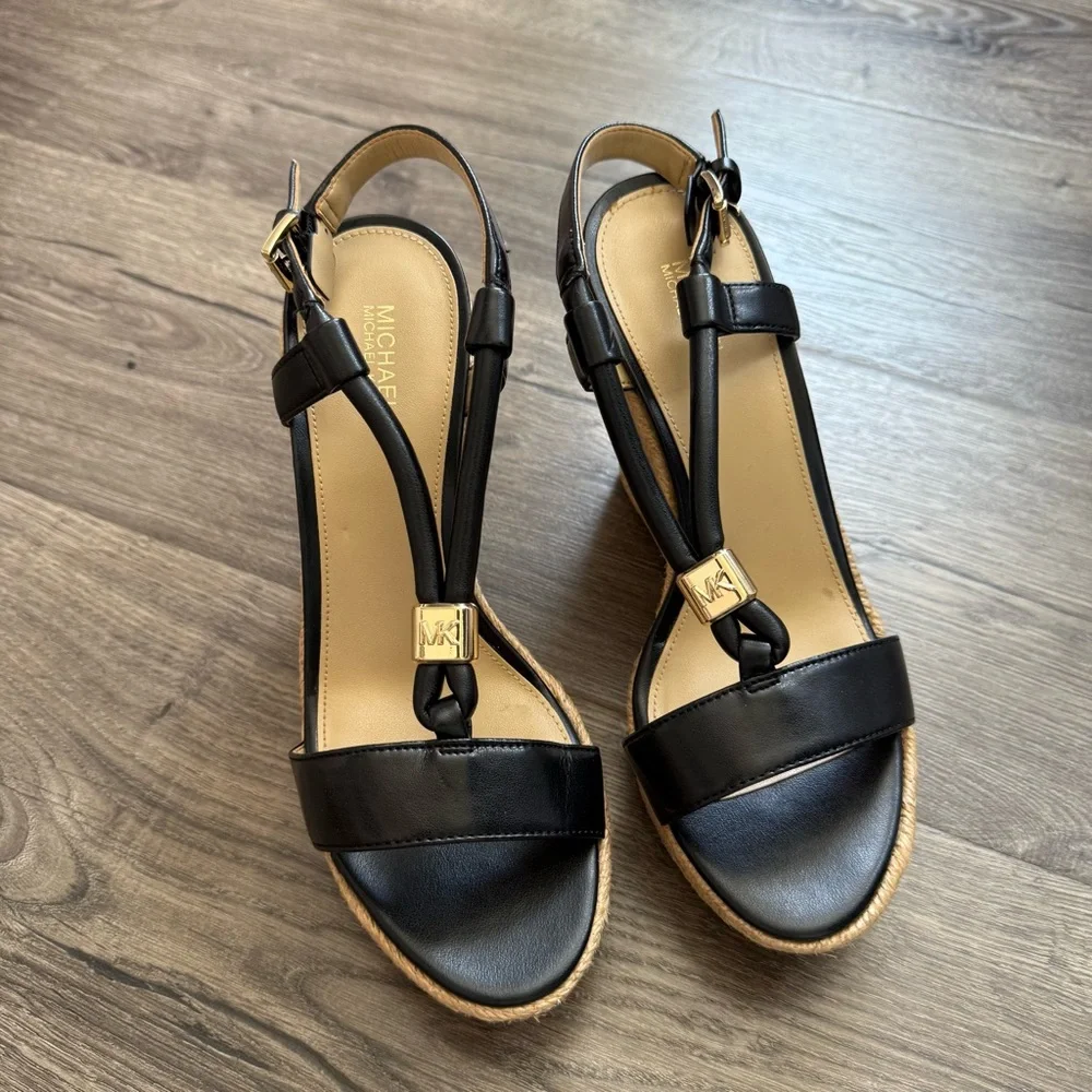 Michael Kors Annie Black Leather Espadrille Wedge Sandals size 7 Women